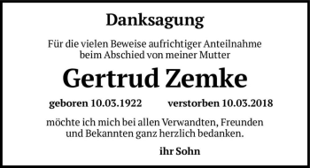 Traueranzeige von Gertrud Zemke  von Magdeburger Volksstimme