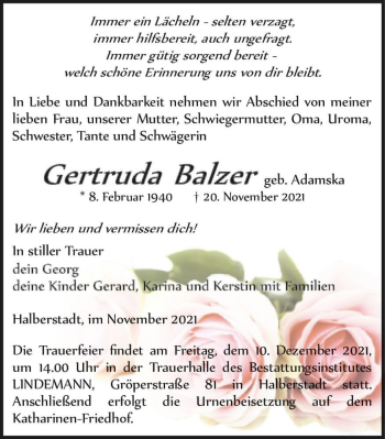 Traueranzeige von Gertruda Balzer (geb. Adamska)  von Magdeburger Volksstimme