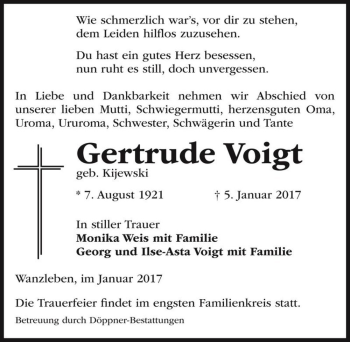 Traueranzeige von Gertrude Voigt (geb. Kijewski)  von Magdeburger Volksstimme