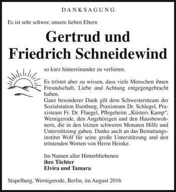 Traueranzeige von Gertrud und Friedrich Schneidewind  von Magdeburger Volksstimme
