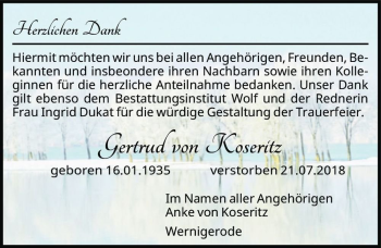 Traueranzeige von Gertrud von Koseritz  von Magdeburger Volksstimme