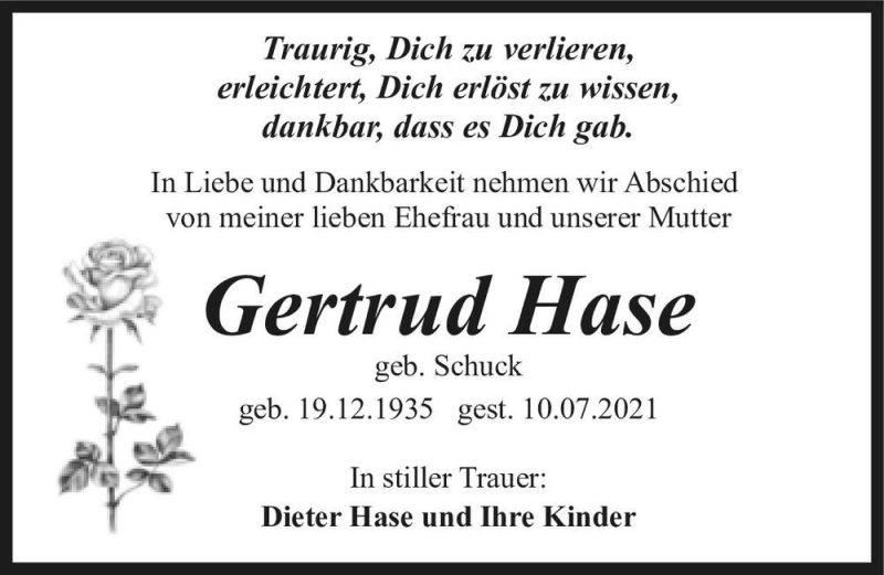  Traueranzeige für Gertrut Hase (geb. Schuck)  vom 24.07.2021 aus Magdeburger Volksstimme