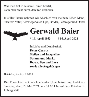 Traueranzeige von Gerwald Baier  von Magdeburger Volksstimme