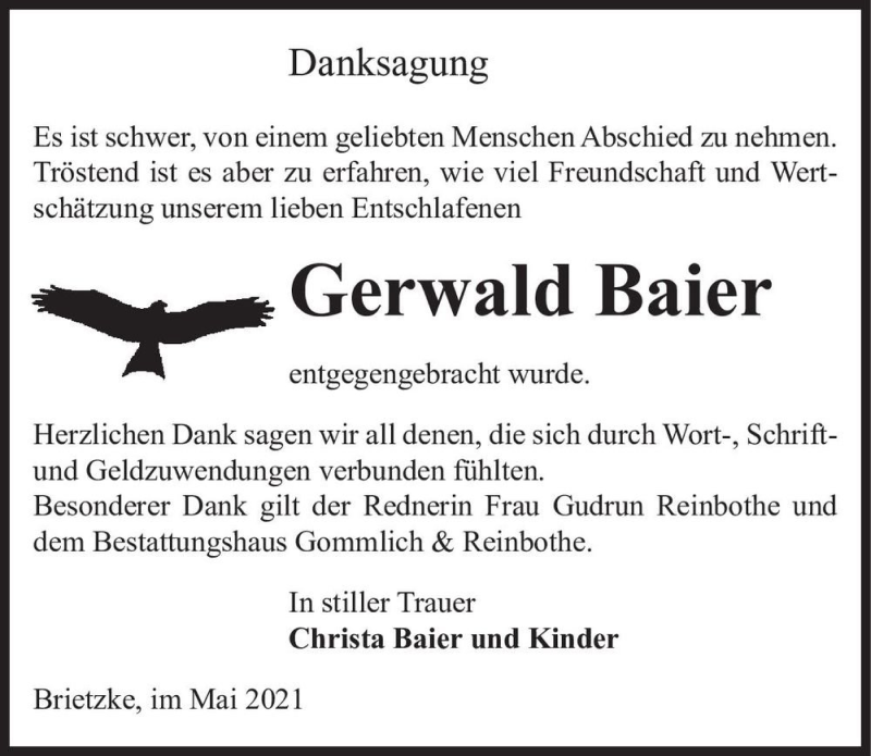  Traueranzeige für Gerwald Baier  vom 22.05.2021 aus Magdeburger Volksstimme