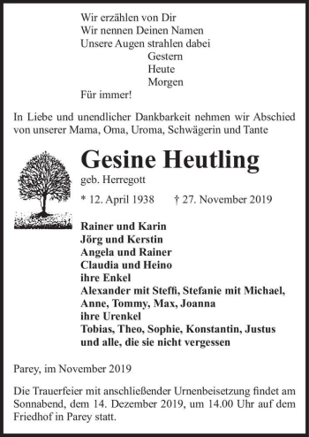 Traueranzeige von Gesine Heutling (geb. Herregott)  von Magdeburger Volksstimme