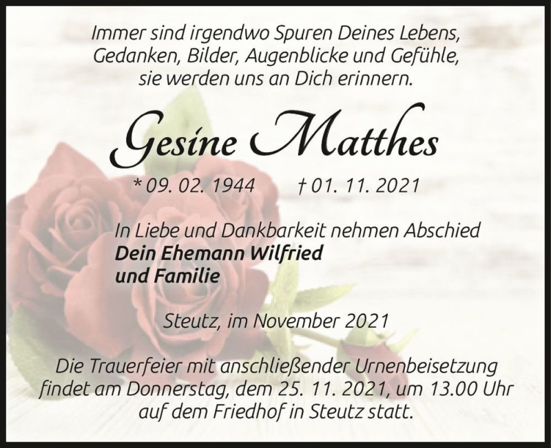  Traueranzeige für Gesine Matthes  vom 13.11.2021 aus Magdeburger Volksstimme