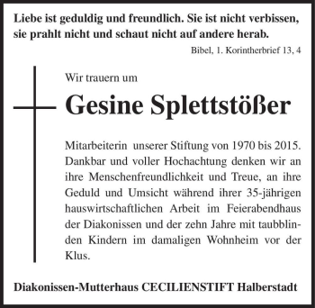 Traueranzeige von Gesine Splettstößer  von Magdeburger Volksstimme