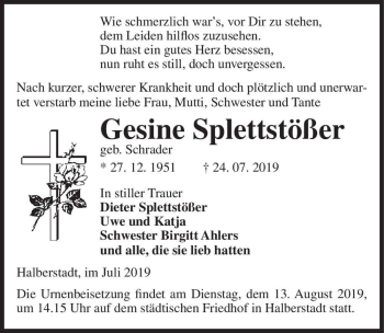 Traueranzeige von Gesine Splettstößer (geb. Schrader)  von Magdeburger Volksstimme