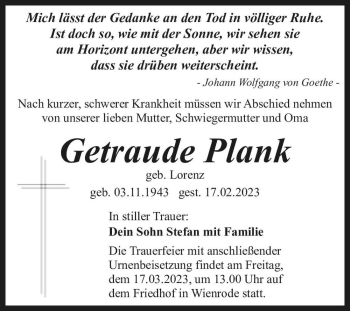 Traueranzeige von Getraude Plank (geb. Lorenz)  von Magdeburger Volksstimme