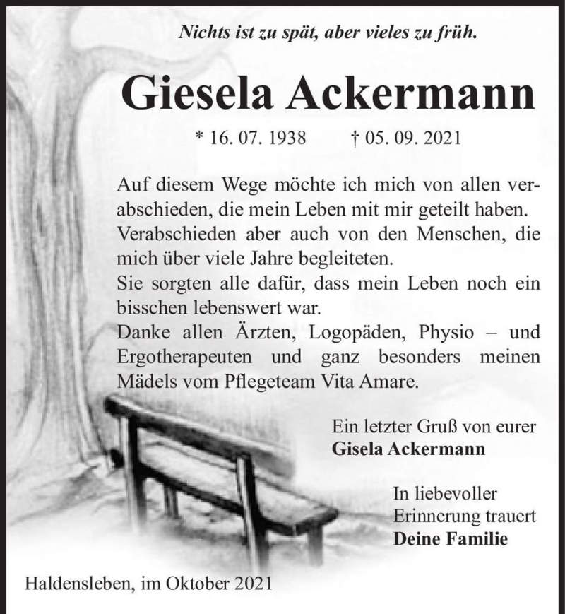  Traueranzeige für Giesela Ackermann  vom 23.10.2021 aus Magdeburger Volksstimme