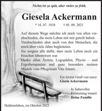 Traueranzeige von Giesela Ackermann  von Magdeburger Volksstimme