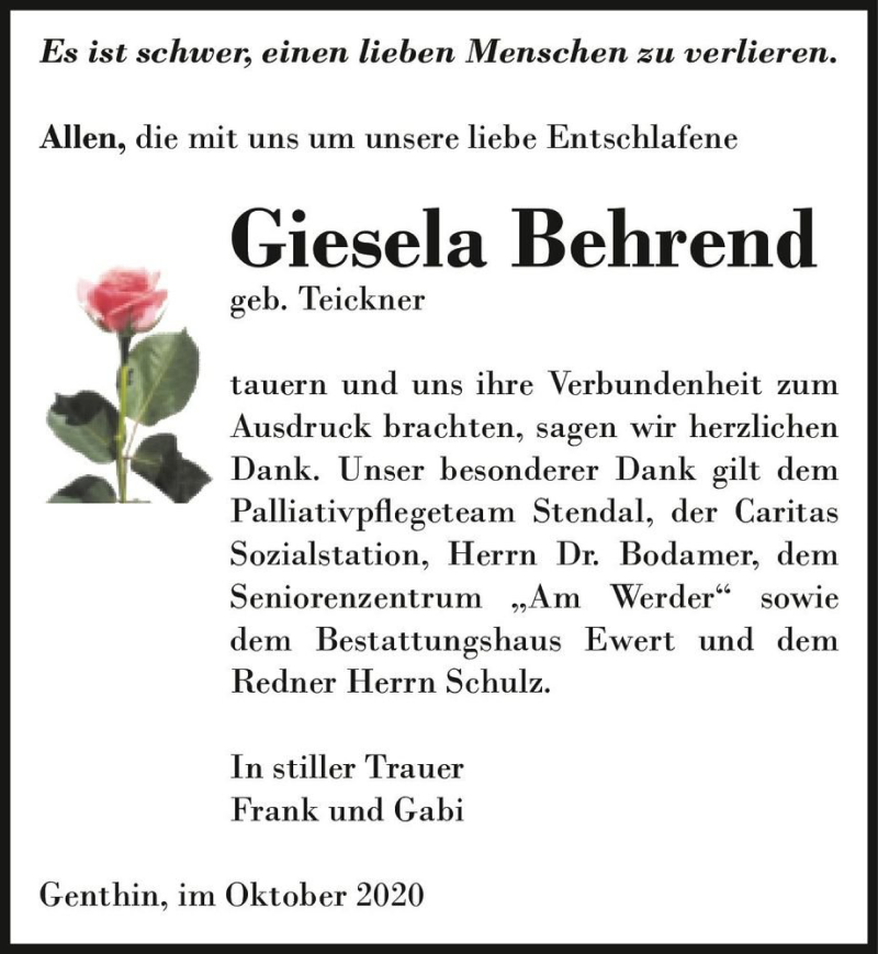  Traueranzeige für Giesela Behrend (geb. Teickner)  vom 24.10.2020 aus Magdeburger Volksstimme
