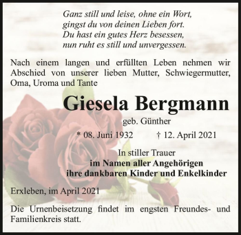 Traueranzeige von Giesela Bergmann (geb. Günther)  von Magdeburger Volksstimme