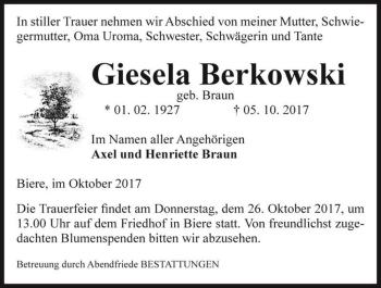 Traueranzeige von Giesela Berkowski (geb. Braun)  von Magdeburger Volksstimme