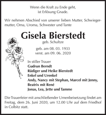 Traueranzeige von Giesela Bierstedt (geb. Schultze)  von Magdeburger Volksstimme