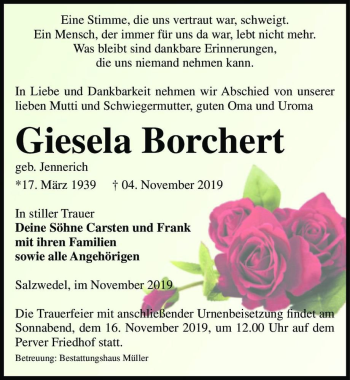 Traueranzeige von Giesela Borchert (geb. Jennerich)  von Magdeburger Volksstimme