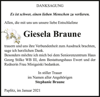 Traueranzeige von Giesela Braune  von Magdeburger Volksstimme