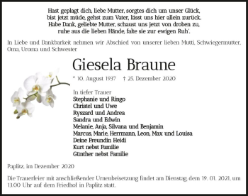 Traueranzeige von Giesela Bruane  von Magdeburger Volksstimme