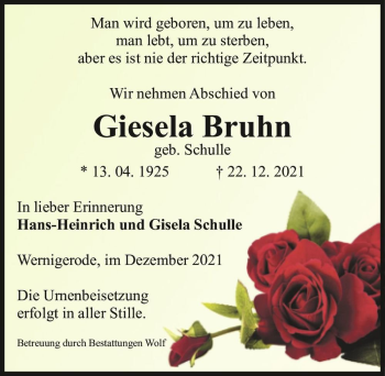 Traueranzeige von Giesela Bruhn (geb. Schulle)  von Magdeburger Volksstimme