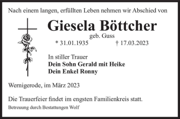 Traueranzeige von Giesela Böttcher (geb. Guss)  von Magdeburger Volksstimme