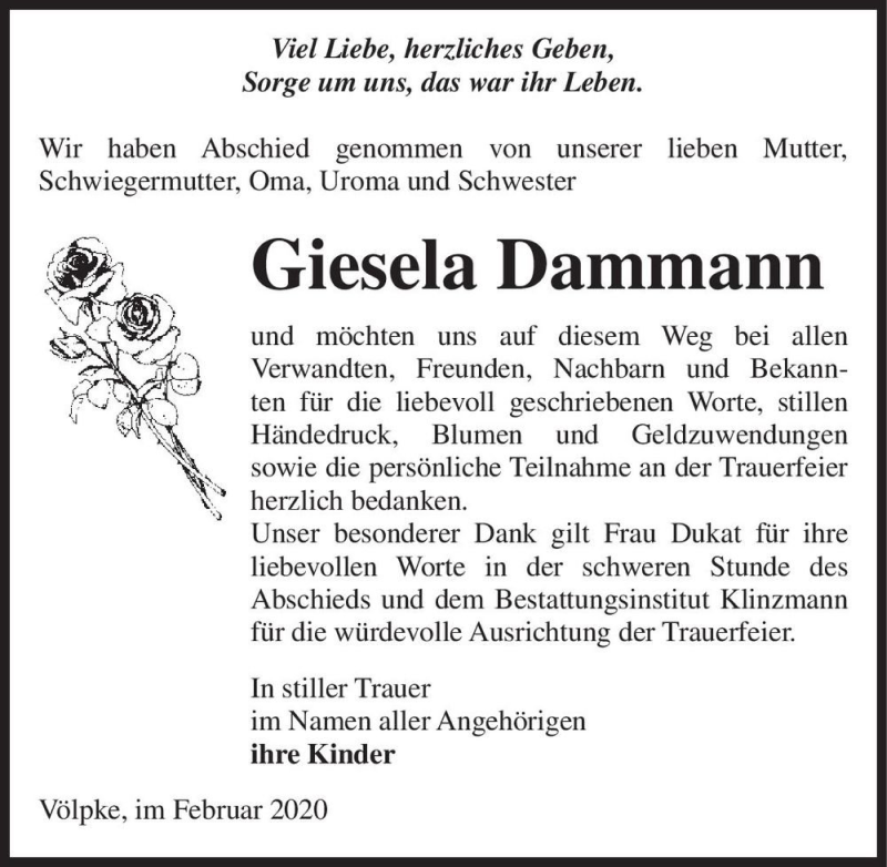 Traueranzeige für Giesela Dammann  vom 27.02.2020 aus Magdeburger Volksstimme