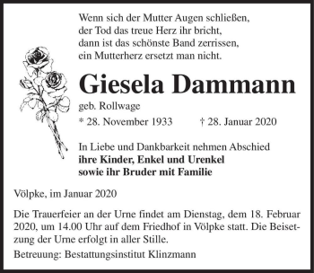 Traueranzeige von Giesela Dammann (geb. Rollwage)  von Magdeburger Volksstimme