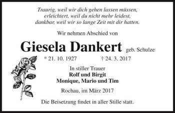 Traueranzeige von Giesela Dankert (geb. Schulze)  von Magdeburger Volksstimme