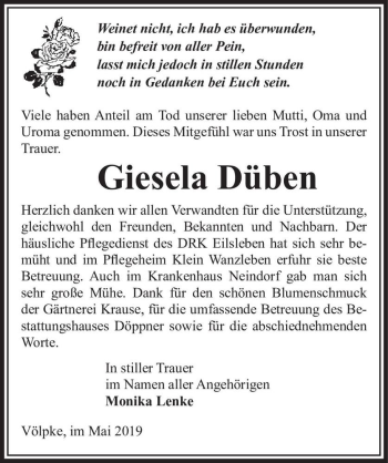 Traueranzeige von Giesela Düben  von Magdeburger Volksstimme