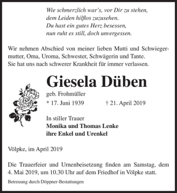 Traueranzeige von Giesela Düben (geb. Frohmüller)  von Magdeburger Volksstimme