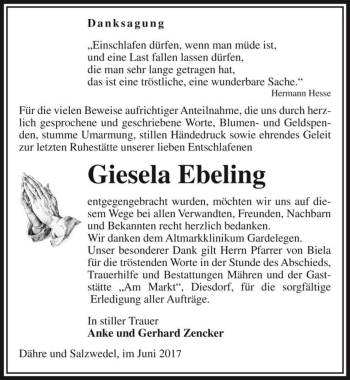 Traueranzeige von Giesela Ebeling  von Magdeburger Volksstimme