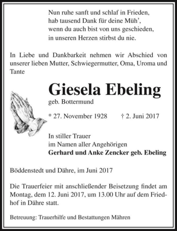 Traueranzeige von Giesela Ebeling (geb. Bottermund)  von Magdeburger Volksstimme