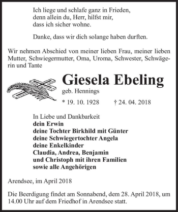 Traueranzeige von Giesela Ebeling (geb. Hennings)  von Magdeburger Volksstimme