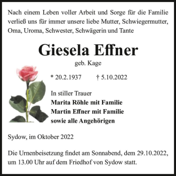 Traueranzeige von Giesela Effner (geb. Kage)  von Magdeburger Volksstimme