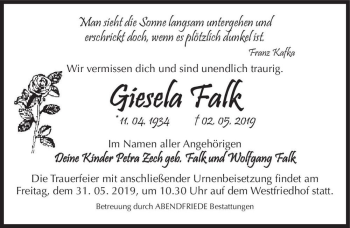 Traueranzeige von Giesela Falk  von Magdeburger Volksstimme
