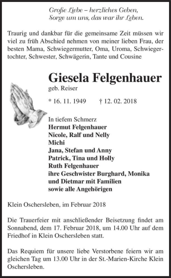 Traueranzeige von Giesela Felgenhauer  von Magdeburger Volksstimme