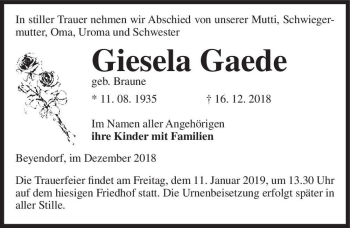Traueranzeige von Giesela Gaede (geb. Braune)  von Magdeburger Volksstimme