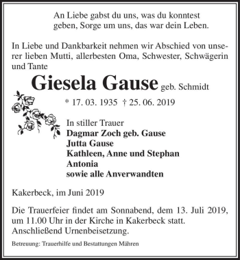Traueranzeige von Giesela Gause (geb. Schmidt)  von Magdeburger Volksstimme