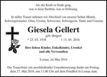 Traueranzeige von Giesela Gellert (eb. Helgert)  von Magdeburger Volksstimme