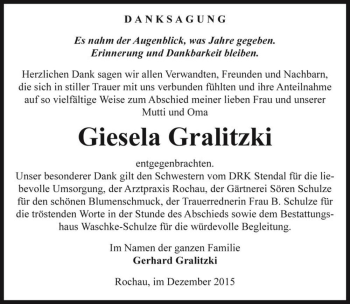 Traueranzeige von Giesela Gralitzki  von Magdeburger Volksstimme