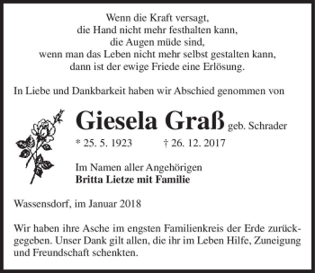 Traueranzeige von Giesela Graß (geb. Schrader)  von Magdeburger Volksstimme