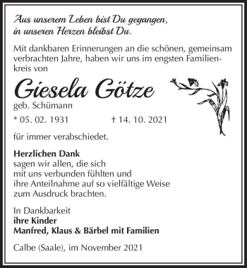 Traueranzeige von Giesela Götze (geb. Schümann)  von Magdeburger Volksstimme