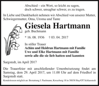 Traueranzeige von Giesela Hartmann (geb. Buchmann)  von Magdeburger Volksstimme