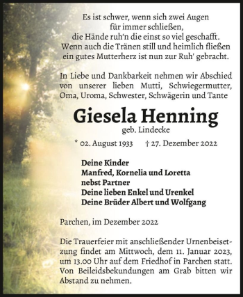 Traueranzeige von Giesela Henning (geb. Lindecke)  von Magdeburger Volksstimme