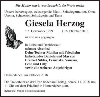 Traueranzeige von Giesela Herzog  von Magdeburger Volksstimme