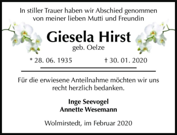 Traueranzeige von Giesela Hirst (geb. Oelze)  von Magdeburger Volksstimme