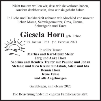 Traueranzeige von Giesela Horn (geb. Fehse)  von Magdeburger Volksstimme