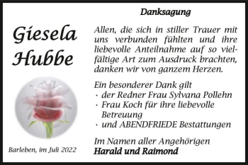 Traueranzeige von Giesela Hubbe  von Magdeburger Volksstimme