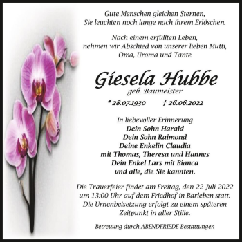 Traueranzeige von Giesela Hubbe (geb. Baumeister)  von Magdeburger Volksstimme