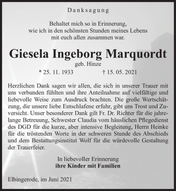Traueranzeige von Giesela Ingeborg Marquordt (geb. Hinze)  von Magdeburger Volksstimme