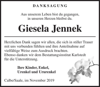 Traueranzeige von Giesela Jennek  von Magdeburger Volksstimme